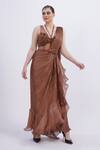 Buy_Merge Design_Brown Chiffon, Organza Sequins, Stones Plunge Neck Beige Embroidered Saree Set _Online_at_Aza_Fashions