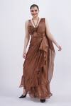 Shop_Merge Design_Brown Chiffon, Organza Sequins, Stones Plunge Neck Beige Embroidered Saree Set _Online_at_Aza_Fashions