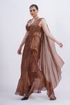 Merge Design_Brown Chiffon, Organza Sequins, Stones Plunge Neck Beige Embroidered Saree Set _at_Aza_Fashions