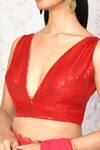 Samyukta Singhania_Red Georgette, Linen Sequins Plunge Neck Blouse _Online_at_Aza_Fashions