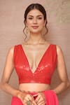 Buy_Samyukta Singhania_Red Georgette, Linen Sequins Plunge Neck Blouse _at_Aza_Fashions