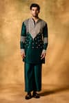 Shop_MUKTI AND KAVITH CASA_Green Kota Doria, Silk Sequins, Embroidery Emerald Kora Kurta Palazzo Set _at_Aza_Fashions