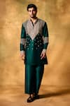 Buy_MUKTI AND KAVITH CASA_Green Kota Doria, Silk Sequins, Embroidery Emerald Kora Kurta Palazzo Set _at_Aza_Fashions
