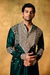 Buy_MUKTI AND KAVITH CASA_Green Kota Doria, Silk Sequins, Embroidery Emerald Kora Kurta Palazzo Set _Online_at_Aza_Fashions