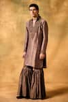 MUKTI AND KAVITH CASA_Brown Tissue Embroidery Designer Tan Kurta Sharara Set _Online_at_Aza_Fashions