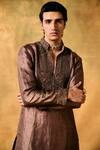 Shop_MUKTI AND KAVITH CASA_Brown Tissue Embroidery Designer Tan Kurta Sharara Set _Online_at_Aza_Fashions