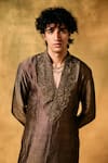 Shop_MUKTI AND KAVITH CASA_Brown Tissue Embroidery Mocha Rustle Kurta Set _Online_at_Aza_Fashions