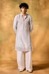 Buy_MUKTI AND KAVITH CASA_Gray Tissue Embroidery Smoky Grey Kurta Set _at_Aza_Fashions