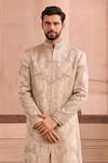 MUKTI AND KAVITH CASA_Gold Brocade, Silk Pearls, Embroidery Sherwani Set _Online_at_Aza_Fashions