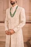 Shop_MUKTI AND KAVITH CASA_Ivory , Chanderi Sequins, Embroidery Raw Wedding Sherwani Set _at_Aza_Fashions