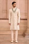 MUKTI AND KAVITH CASA_Ivory Silk Embroidery Threadwork Embellished Sherwani Set _Online_at_Aza_Fashions