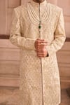 MUKTI AND KAVITH CASA_Gold Brocade, Silk, Mohair Pearls Banarasi Sherwani Set _Online_at_Aza_Fashions