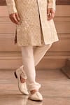 Shop_MUKTI AND KAVITH CASA_Gold Brocade, Silk, Mohair Pearls Banarasi Sherwani Set _Online_at_Aza_Fashions