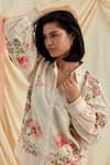 Shop_Pozruh by Aiman_Beige Linen, Silk Embroidery, Beads Collared Bali Breeze Floral Shirt And Pant Set _Online_at_Aza_Fashions