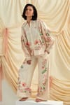 Pozruh by Aiman_Beige Linen, Silk Embroidery, Beads Collared Bali Breeze Floral Shirt And Pant Set _at_Aza_Fashions