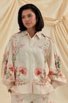 Buy_Pozruh by Aiman_Beige Linen, Silk Embroidery, Beads Collared Bali Breeze Floral Shirt And Pant Set 