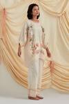 Pozruh by Aiman_Beige Linen, Silk Embroidery, Beads Round Neck Kurta And Pant Set _Online_at_Aza_Fashions