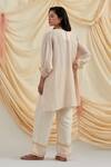 Shop_Pozruh by Aiman_Beige Linen, Silk Embroidery, Beads Round Neck Kurta And Pant Set _at_Aza_Fashions