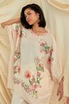 Pozruh by Aiman_Beige Linen, Silk Embroidery, Beads Round Neck Kurta And Pant Set _at_Aza_Fashions