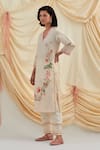 Pozruh by Aiman_Beige Linen, Silk Beads Split V-neck Floral Embroidered Kurta Set _Online_at_Aza_Fashions