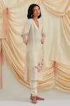 Pozruh by Aiman_Beige Linen, Silk Beads Split V-neck Floral Embroidered Kurta Set _at_Aza_Fashions