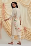 Shop_Pozruh by Aiman_Beige Linen, Silk Beads Split V-neck Floral Embroidered Kurta Set _at_Aza_Fashions
