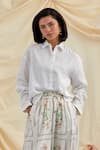 Buy_Pozruh by Aiman_White Cotton, Hemp Embroidery Collared Designer Lily Shirt _at_Aza_Fashions