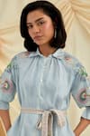 Pozruh by Aiman_Sky Blue Cotton, Hemp Beads, Embroidery Collared Designer Shirt Dress _at_Aza_Fashions