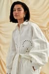 Pozruh by Aiman_White Cotton, Hemp Embroidery, Cut Work Collared Swan Shirt And Trouser Set _Online_at_Aza_Fashions