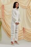 Shop_Pozruh by Aiman_White Cotton, Hemp Embroidery, Cut Work Collared Swan Shirt And Trouser Set _at_Aza_Fashions