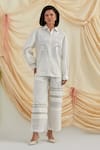 Buy_Pozruh by Aiman_White Cotton, Hemp Embroidery, Cut Work Collared Swan Shirt And Trouser Set _at_Aza_Fashions