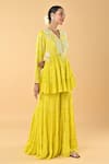 Keith Gomes_Yellow Chiffon, Crepe Sequins, Embroidery V-neck Peplum Kurta And Gharara Set _Online_at_Aza_Fashions