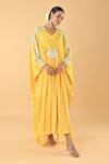 Keith Gomes_Yellow Chiffon, Crepe Sequins, Embroidery V-neck Designer Kaftan With Slip _Online_at_Aza_Fashions