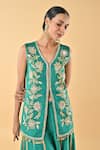 Shop_Keith Gomes_Green Embroidery, Piping V-neck Tunic And Palazzo Set _Online_at_Aza_Fashions
