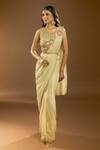 Buy_Samyukta Singhania_Cream Georgette Embroidery, Cut Work, Placement Pre-draped Saree With Blouse_at_Aza_Fashions
