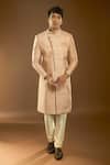 Buy_Arihant Rai Sinha_Peach Denim, Faux Leather Sequins Jasmine Vine Embroidered Sherwani Set _at_Aza_Fashions