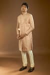 Arihant Rai Sinha_Peach Denim, Faux Leather Sequins Jasmine Vine Embroidered Sherwani Set _Online_at_Aza_Fashions