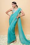Sajeda A Lehry_Green Georgette Sequins, Embroidery Round Neck Hand Pre-draped Saree Set _at_Aza_Fashions