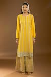 Samyukta Singhania_Yellow Chiffon, Silk Sequins, Gota Patti Collared Striped Kurta Palazzo Set_Online_at_Aza_Fashions