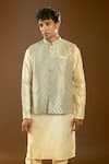 Arihant Rai Sinha_Gray Jacquard, Silk Embroidery Floral Pattern Bundi And Kurta Set _at_Aza_Fashions