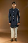 Shop_Arihant Rai Sinha_Blue Silk, Polyester, Viscose Metallic Thread, Cut Dana Placement Sherwani Set _at_Aza_Fashions