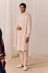 Buy_Amaare_Peach Silk Embroidery Patra Sherwani Set _at_Aza_Fashions