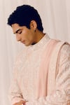 Amaare_Peach Silk Embroidery Patra Sherwani Set _at_Aza_Fashions