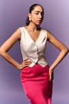 Emblaze_Cream Maheshwari, Crepe V-neck Hot Pink Skirt And White Mashru Waistcoat _Online_at_Aza_Fashions