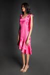 Emblaze_Pink Modal, Satin V-neck Ruffled Dress With Shoulder Tie-up _Online_at_Aza_Fashions