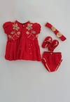 LITTLE BRATS_Red Cotton Embroidery Flower Baby Outfit _at_Aza_Fashions