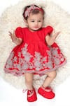 Buy_LITTLE BRATS_Red Cotton Embroidery, Bows Floral Frock Set For Girls _at_Aza_Fashions