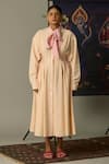 Buy_Quod_Yellow Cotton Embroidery Collared Striped Coast Dress With Bow Tie _at_Aza_Fashions