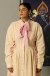 Quod_Yellow Cotton Embroidery Collared Striped Coast Dress With Bow Tie _at_Aza_Fashions
