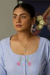 Buy_Quod_Blue Cotton Embroidery Round Neck Striped Brooks Dress _Online_at_Aza_Fashions
